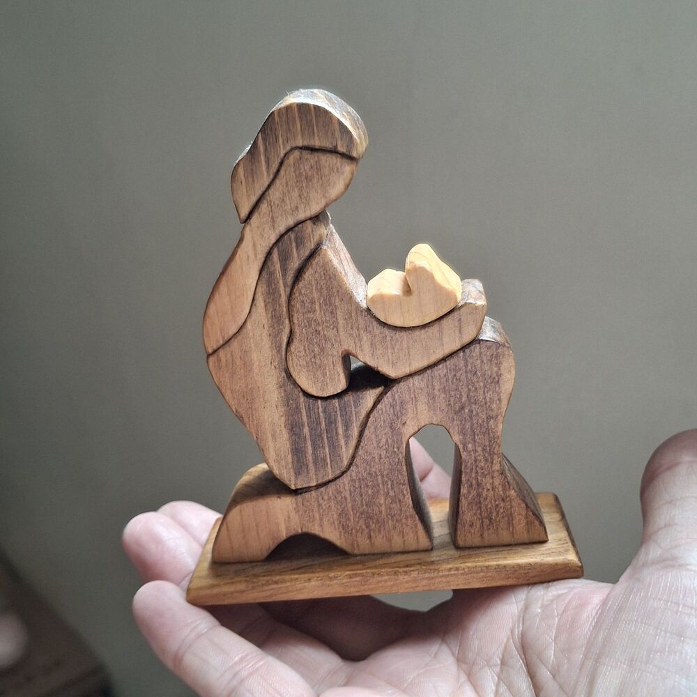 Wood Mother And Child Figurine Handcarved Handcrafted Stained Folk Art 4"